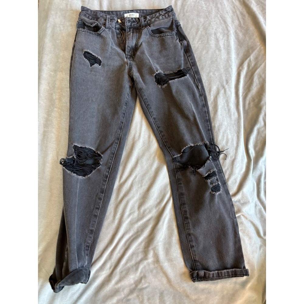 Forever 21 Black Distressed Mom Jeans High Waisted Ripped Denim Pants Size‎ 25
